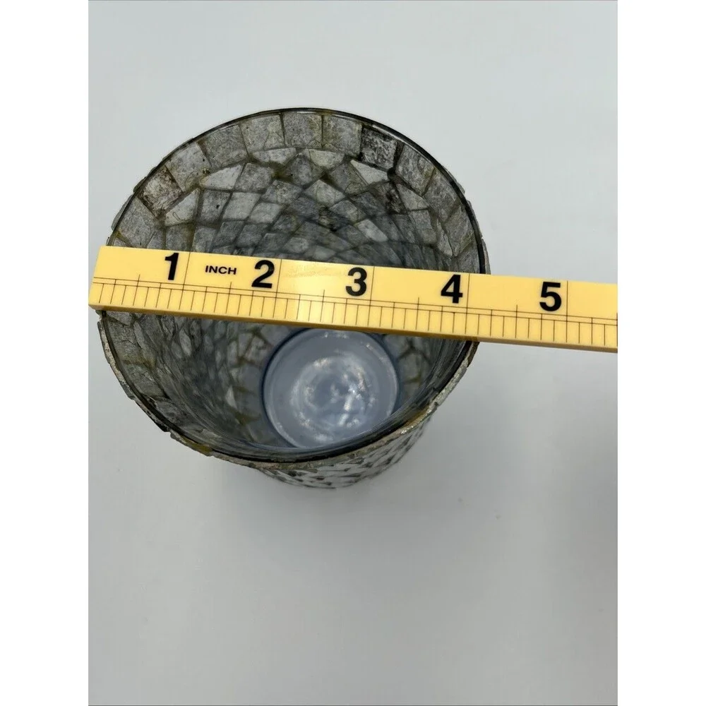 Vintage Silver Gray Mosaic Glass Candle Holder Votive Hurricane Boho Decor 6